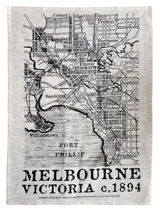 1894 map of Melbourne linen tea towel by Melbournalia